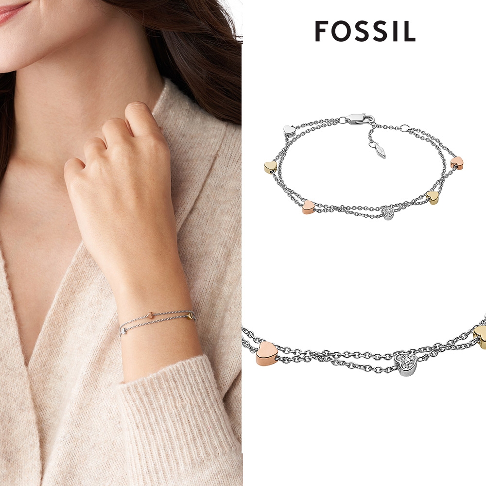 FOSSIL Jewelry 水鑽三色愛心雙圈手鍊 JF02854998