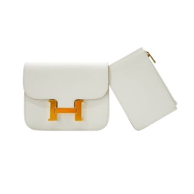 Hermes 愛馬仕 Constance Slim Evercolor牛皮金釦短夾/腰包(Craie奶昔白)