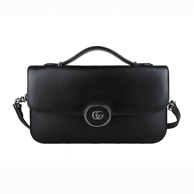 GUCCI 古馳 Petite 雙G LOGO圓環設計牛皮扣式手提斜揹包(小/黑)