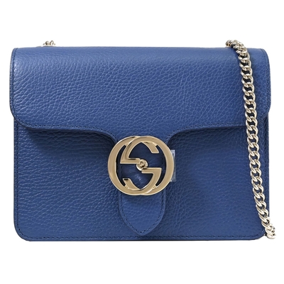 GUCCI 古馳 金屬LOGO牛皮翻蓋斜背鍊包(寶藍)
