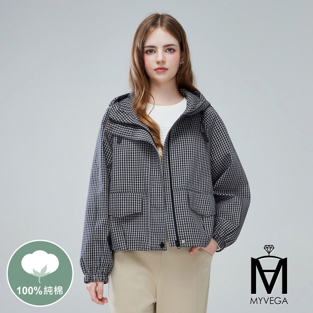 MYVEGA麥雪爾 MA純棉黑白細格紋大口袋連帽外套-黑