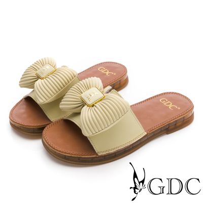 GDC-胖胖蝴蝶結真皮平底拖鞋-綠