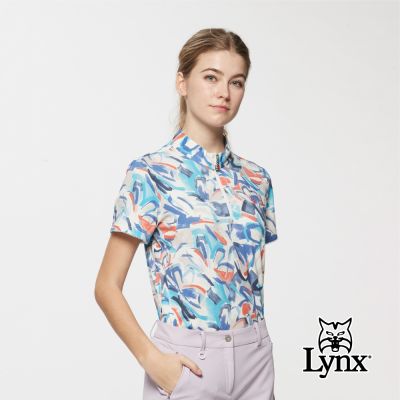 【Lynx Golf】女款歐洲進口布料幾何印花下擺開杈立領短袖POLO衫/高爾夫球衫-天藍色