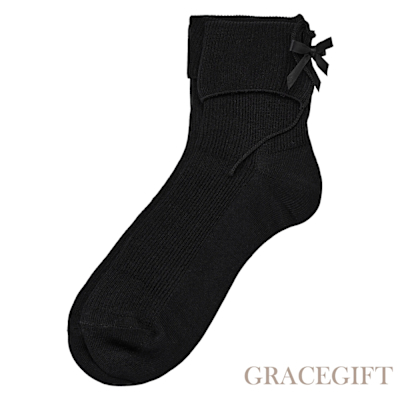 【Grace Gift】微甜反摺蝴蝶結短襪 黑