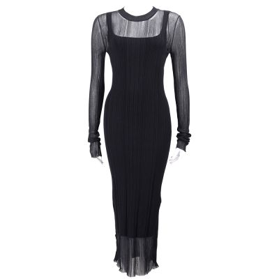 Max Mara-SPORTMAX SPXCARO 假2件 微透膚圓領 黑色羅紋長袖洋裝 連身裙