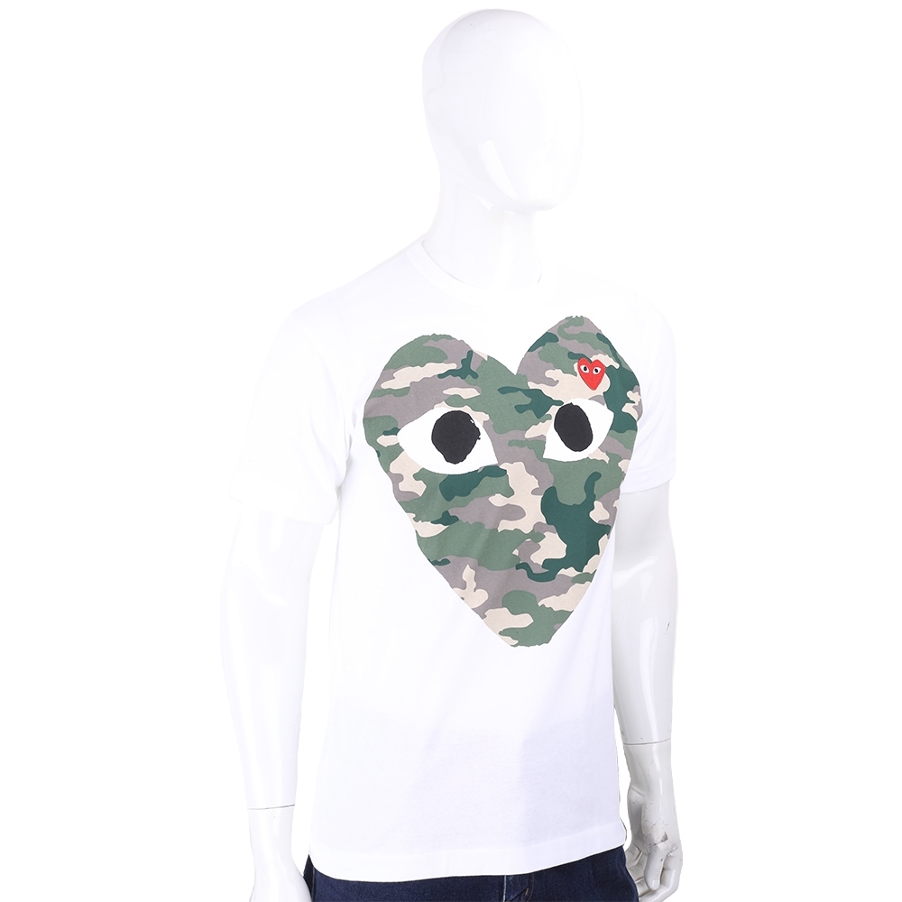 川久保玲COMME des GARCONS PLAY 迷彩印花大眼愛心純棉白色短袖TEE T恤 