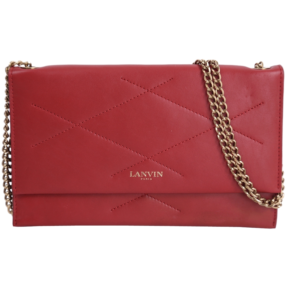 LANVIN Sugar 小羊皮菱格車縫設計鍊帶斜背包(紅色)