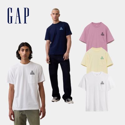【GAP】Everyday Soft 寬鬆布萊納小熊口袋T恤-粉色/玉米黃/制服深藍/亮白/黑色(895169)