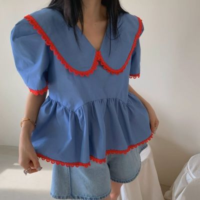 MOCO韓版chic甜美減齡娃娃領配色點綴百搭泡泡袖造型上衣