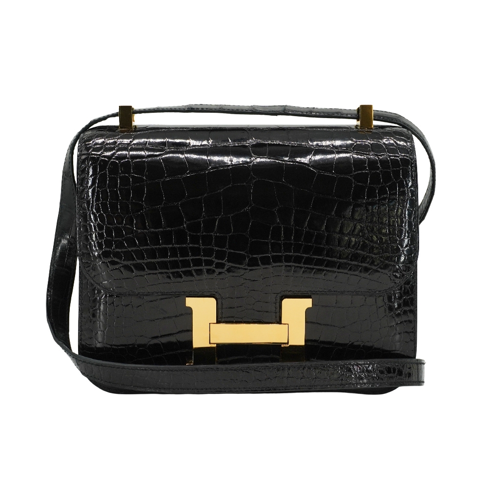 二手品 Hermes 愛馬仕 Constance 24 亮面鱷金釦肩背/斜背包(C刻/黑)