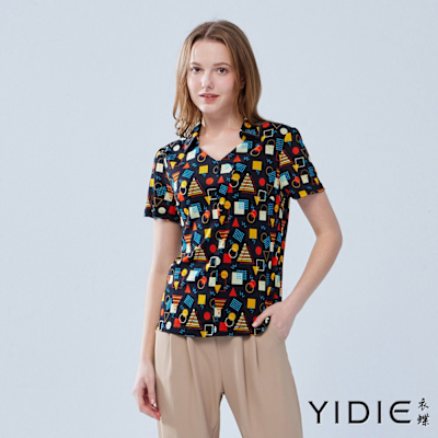 YIDIE衣蝶 彩色幾何印花造型上衣-黑