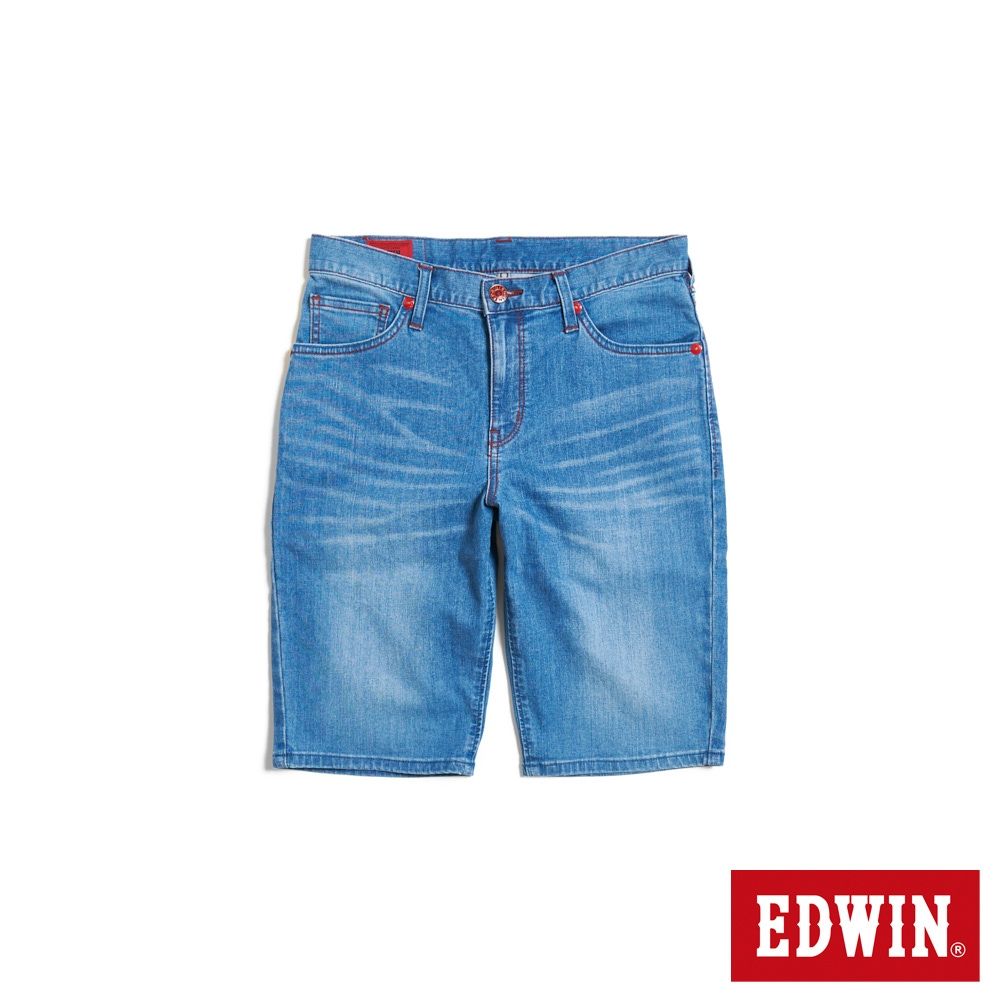 EDWIN 男裝 EDGE W皮標合身丹寧短褲-石洗藍