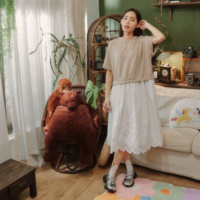【Dailo】棉質蕾絲剪接洋裝 藍 咖