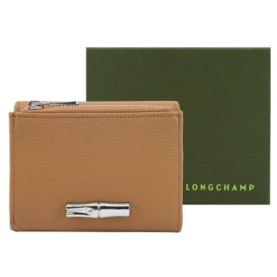 LONGCHAMP LE ROSEAU系列金屬竹節粒面牛皮三折短夾(胡桃棕)