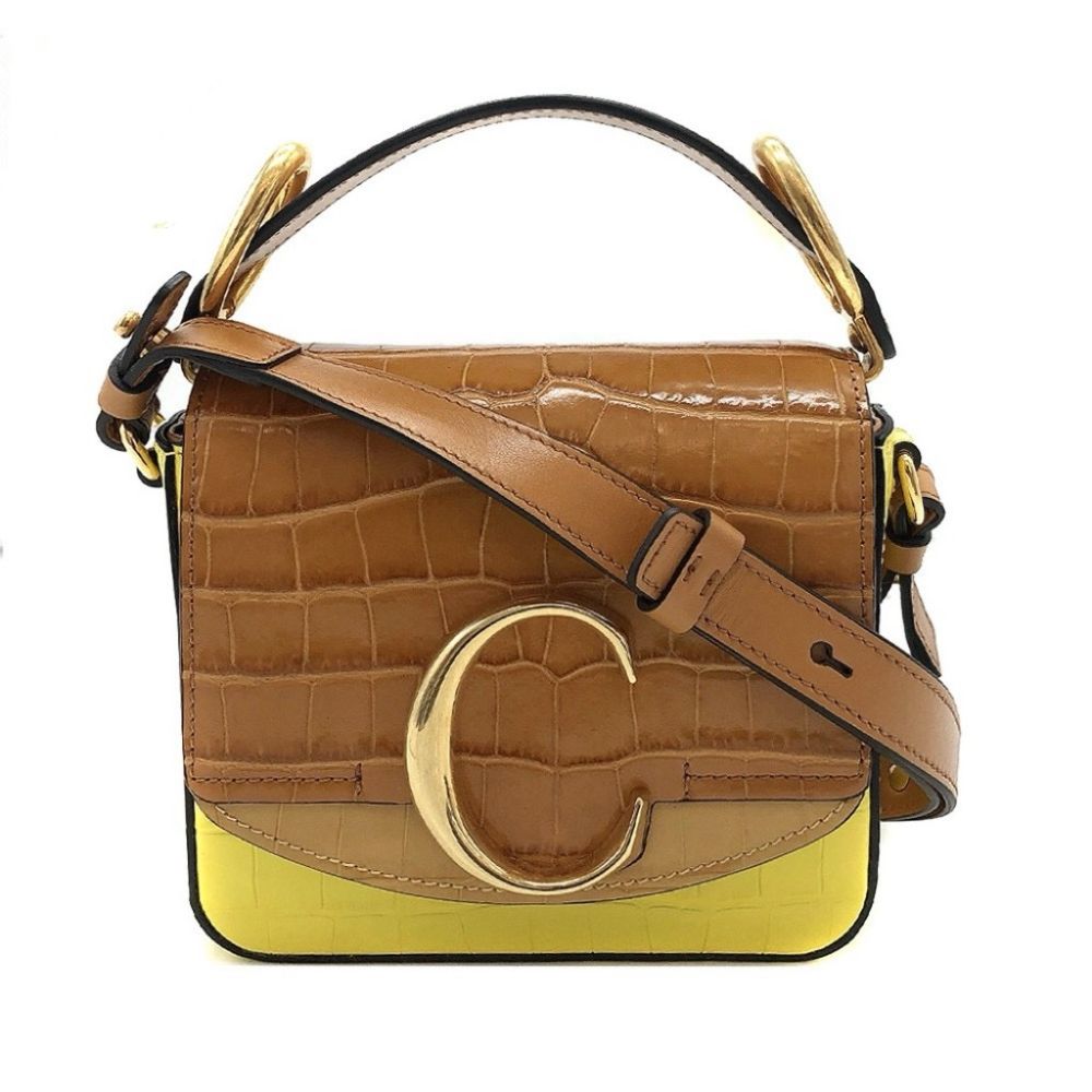 Chloe 蔻依 新款 Mini C bag 金logo鱷魚紋牛皮手提/斜背二用包(黃)