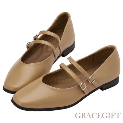 【Grace Gift】微甜方頭雙帶平底瑪莉珍鞋 卡其