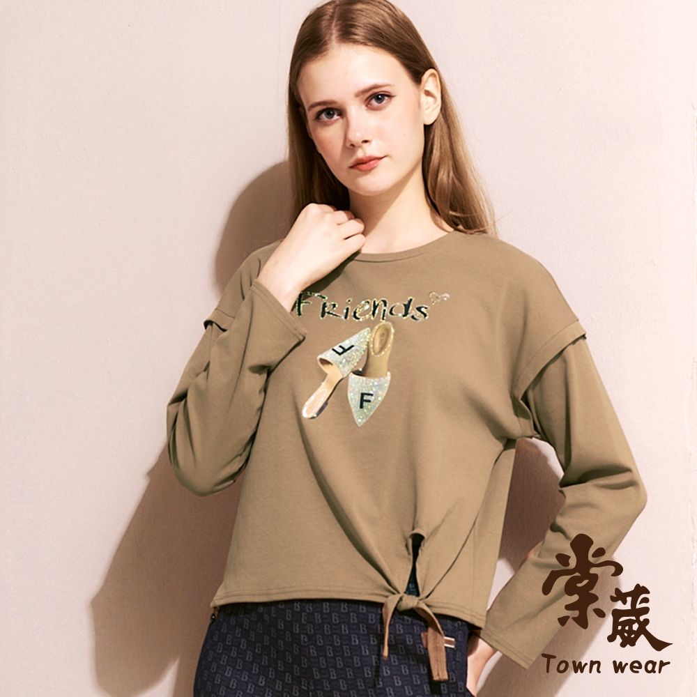 【TOWNWEAR棠葳】耀眼鑽圖綁結上衣(中大尺碼/女上衣/女上著/棉質/長袖/鏤空/百搭/文字/鑽飾) (駝色系)