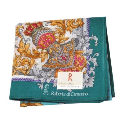 Roberta di Camerino 綠底巴洛克徽章印花棉質LOGO帕巾(46CM)