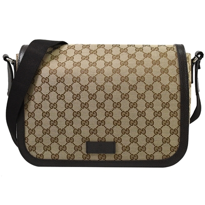 GUCCI 古馳  GG LOGO緹花布邊翻蓋斜背包(咖邊/大)