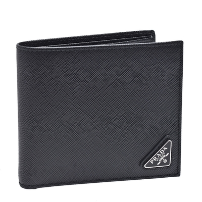PRADA 普拉達 經典銀色三角LOGO防刮牛皮摺疊短夾(黑)