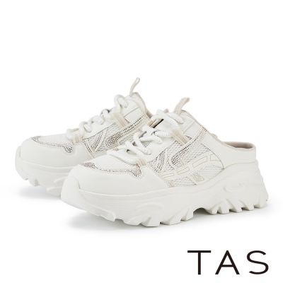 TAS 異材質拼接厚底運動老爹半拖鞋 米白