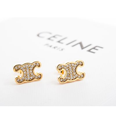 CELINE 新款Triomphe萊茵石水晶金色飾面黃銅穿式耳環 (金色)