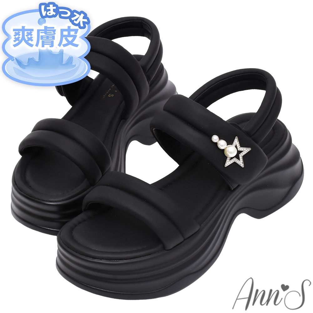 Ann’S防潑水爽膚皮-珍珠流星 加寬版超輕量顯瘦厚底涼鞋6cm-黑