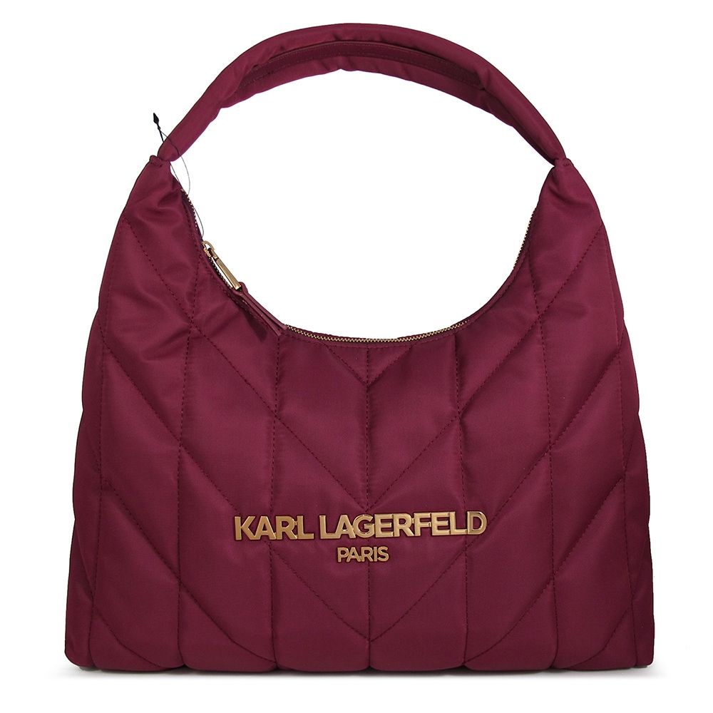 KARL LAGERFELD 卡爾品牌字樣绗縫HOBO肩背包(紅酒色/大)