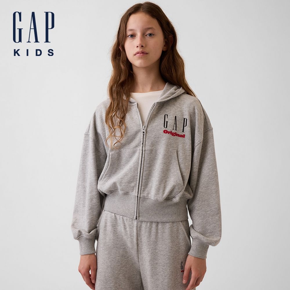 【GAP】兒童VintageSoft毛圈布寬版Gap Logo拉鍊連帽外套-淺麻灰(907410) (淺麻灰)