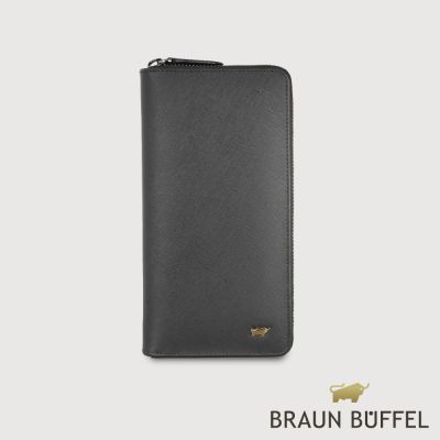 【BRAUN BUFFEL 德國小金牛】台灣總代理 至尊 23卡拉鍊長夾-黑色(金色LOGO款)/BF536-TW305-BK