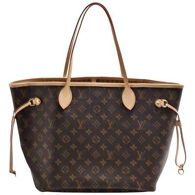 LOUIS VUITTON路易威登 LV M46975經典Neverfull MM Monogram帆布肩背托特包(米黃色)