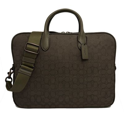【COACH】C LOGO織布男中性款手提斜背兩用筆電公事包(橄欖綠)