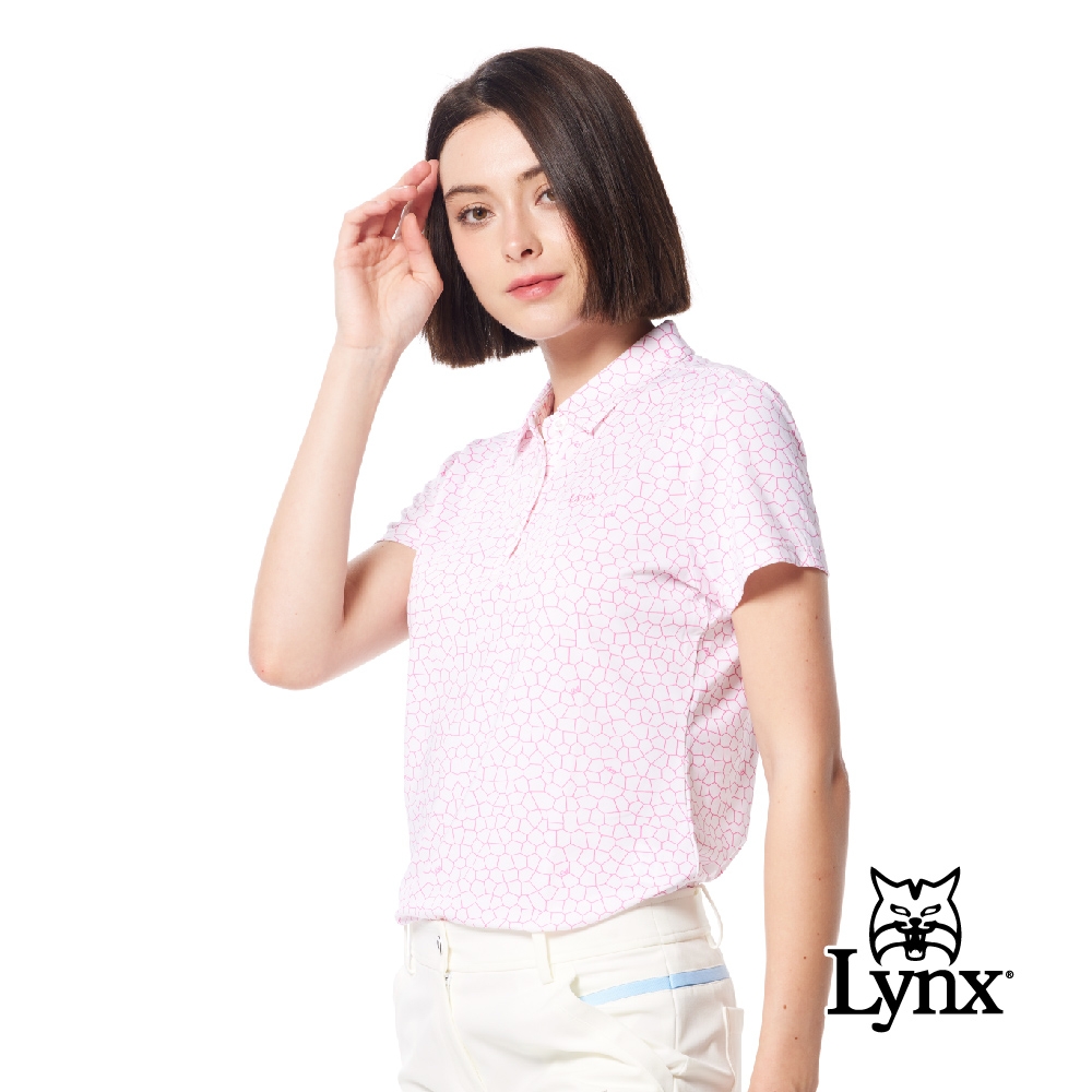 【Lynx Golf】女款吸溼排汗機能滿版花磚排列印花造型Lynx繡花短袖POLO衫/高爾夫球衫-桃粉色 (桃粉色)
