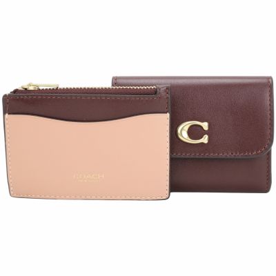 COACH C字母撞色牛皮可拆外接拉鍊袋短夾(酒紅)