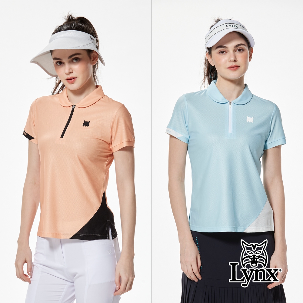【Lynx Golf】首爾高桿風格！女款合身版吸濕排汗特殊布紋造型下擺開杈設計短袖小翻領POLO衫/高爾夫球衫(二色) (淺橘色)