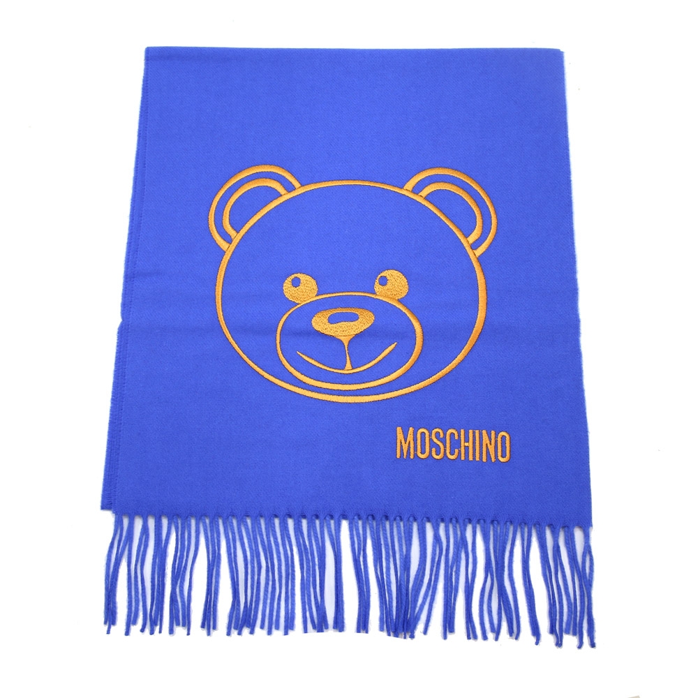 MOSCHINO 泰迪熊臉純羊毛寬版流蘇圍巾(012 寶藍)