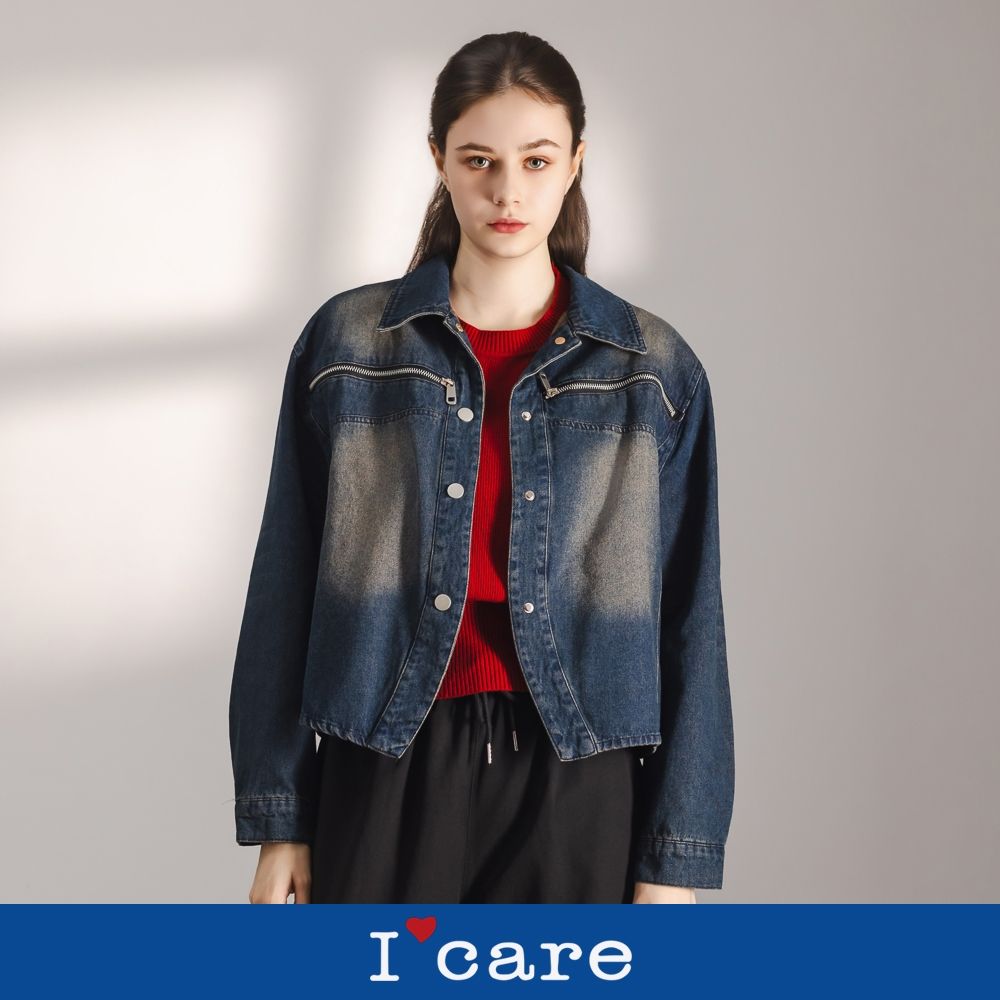 現貨【I'care 依卡】水洗刷色拉鍊牛仔外套（M-L）｜女休閒外套 水洗牛仔
