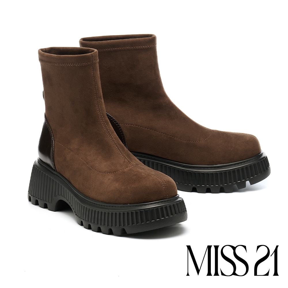 短靴 MISS 21 個性復古純色拼接絨布大頭厚底短靴－咖