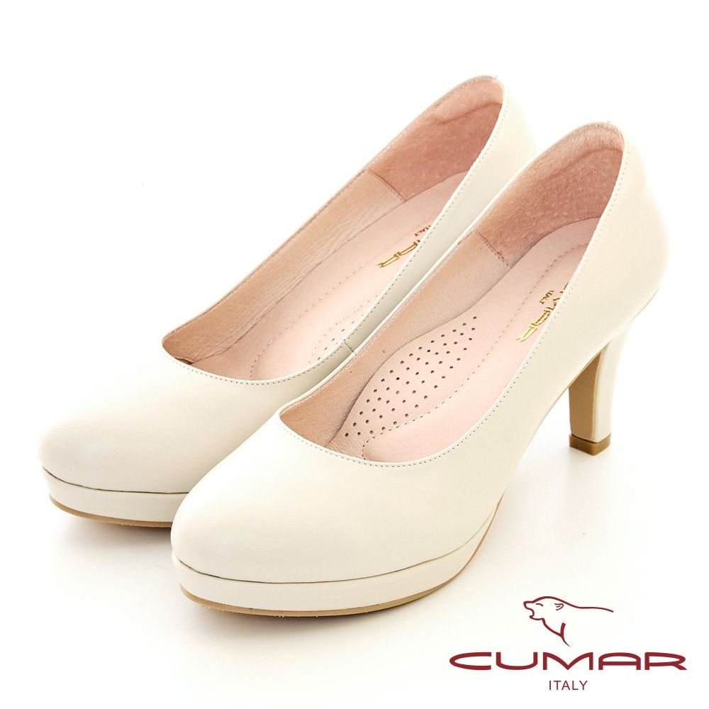 【CUMAR】羊皮素雅防水台高跟鞋-白色