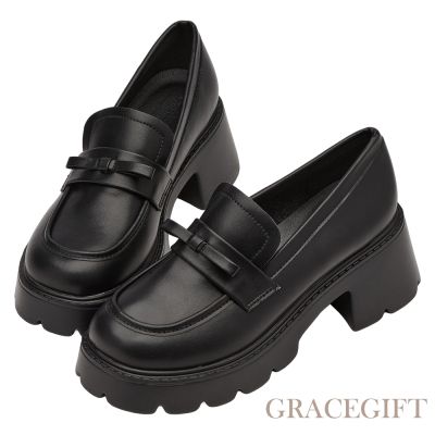 【Grace Gift】清甜學院風蝴蝶結輕量厚底樂福鞋 黑