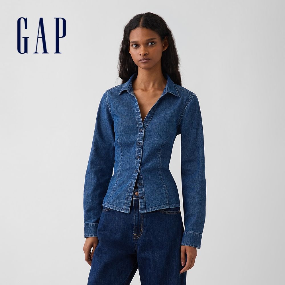 【GAP】修身版牛仔襯衫-中度水洗(913929) (中度水洗)