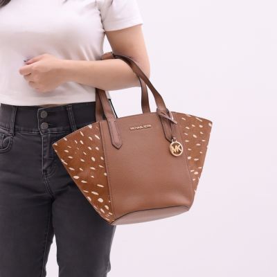 MICHAEL KORS PORTIA 皮革鹿斑紋拼接托特包(咖)