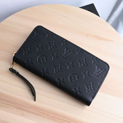 LOUIS VUITTON路易威登 LV M61864 經典花紋全皮革壓紋ㄇ字拉鍊長夾(黑)