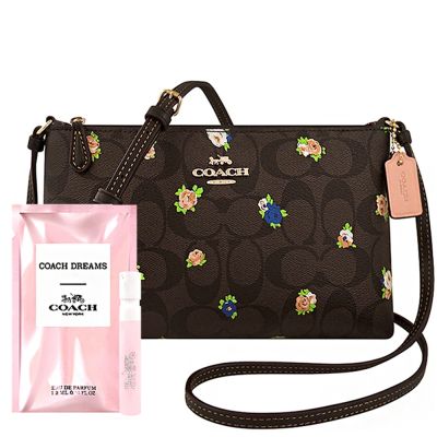 COACH 巧克力色玫瑰花圖樣大C PVC方形斜背包+COACH Dreams逐夢隨身小香