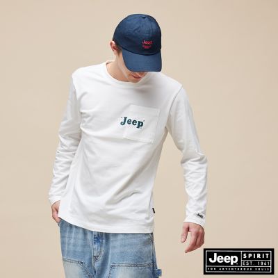 JEEP 男裝 品牌LOGO印花純棉口袋長袖T恤-白色