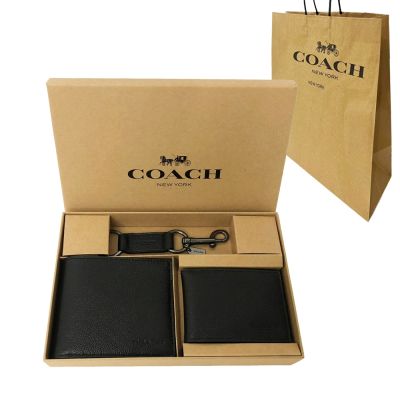 COACH 男款素面牛皮8卡短夾附鑰匙圈活動證件夾禮盒附紙袋(黑)