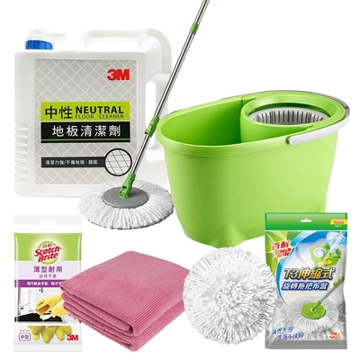 3M 地板清潔拖把超值組(T0輕巧手壓式旋轉拖把組+補充包布盤+中性地板清潔劑/1加侖)《送3M 百利手套+2入去汙擦拭布》
