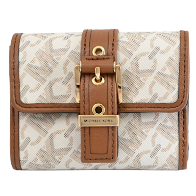 MICHAEL KORS COLBY 滿版印花金屬穿扣三折式零錢短夾(咖/白)