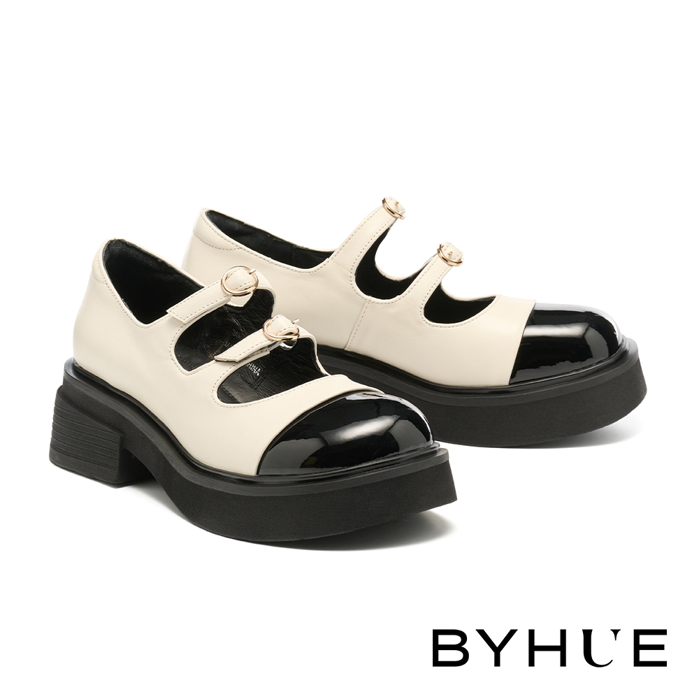 厚底鞋 BYHUE 個性時髦雙繫帶牛皮瑪莉珍方頭軟芯厚底鞋－白