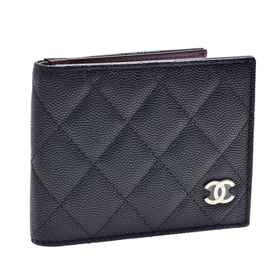 CHANEL香奈兒 經典雙C LOGO菱格粒紋牛皮摺疊卡夾(黑)